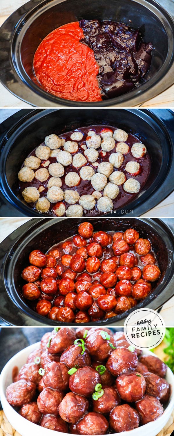 Process photos for how to make grape jelly Party Meatballs in the crock pot