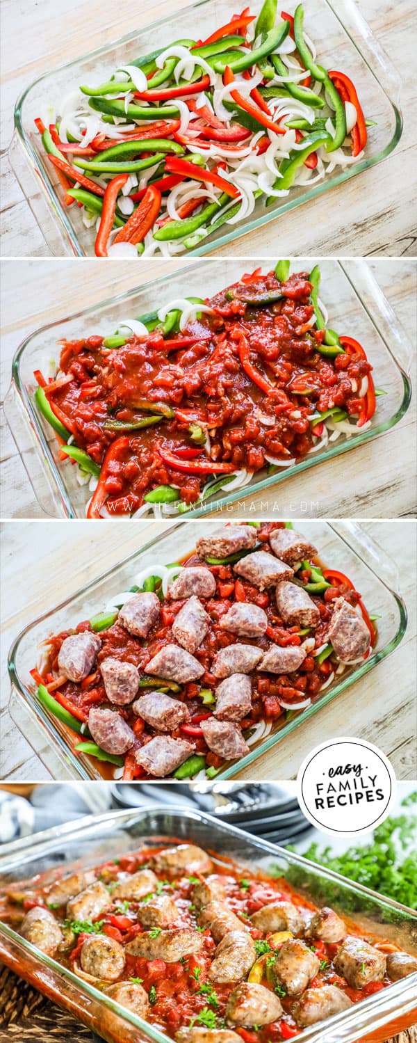 Process photos for how to make Italian Sausage and Peppers in the oven