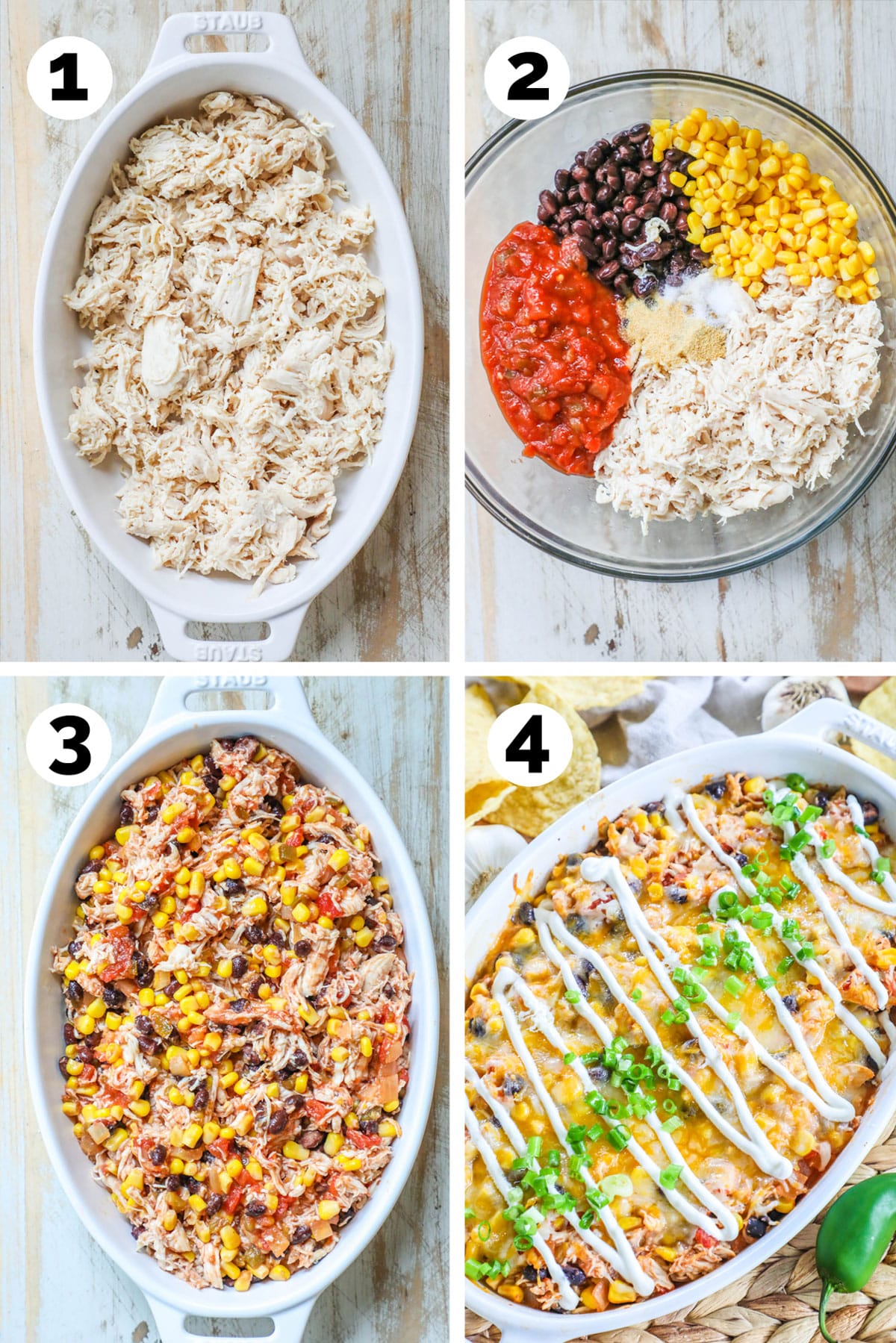 step by step photos for how to make Mexican shredded chicken casserole - 1. Add shredded chicken to casserole dish. 2. combine with salsa, beans, corn, and seasoning. 3. Spread back in the casserole dish. 4. Bake the chicken casserole in the oven and garnish with sour cream and cilantro.