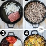 Process photos for how to make Mexican Ground Beef and Rice skillet dinner.