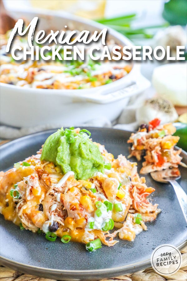 Mexican Chicken Casserole served on a plate and topped with guacamole