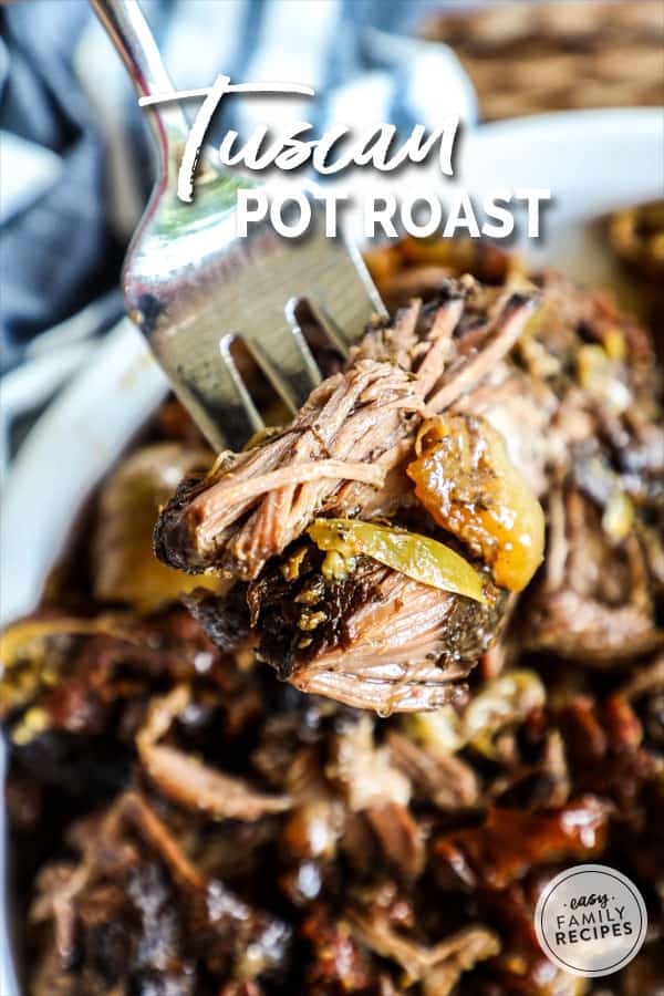Crock Pot Tuscan Pot Roast shredded on a fork