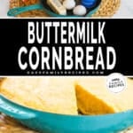 Two images - Top is the ingredients to make cornbread. Bottom is a slice of cornbread