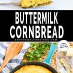 Two images - top is a finished cornbread in the cast iron skillet. Bottom is a slice of cornbread