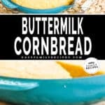 Two images - top is a finished cornbread in the cast iron skillet. Bottom is a slice of cornbread