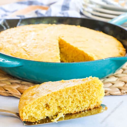 Slice of Homemade Buttermilk Cornbread made in a cast iron skillet