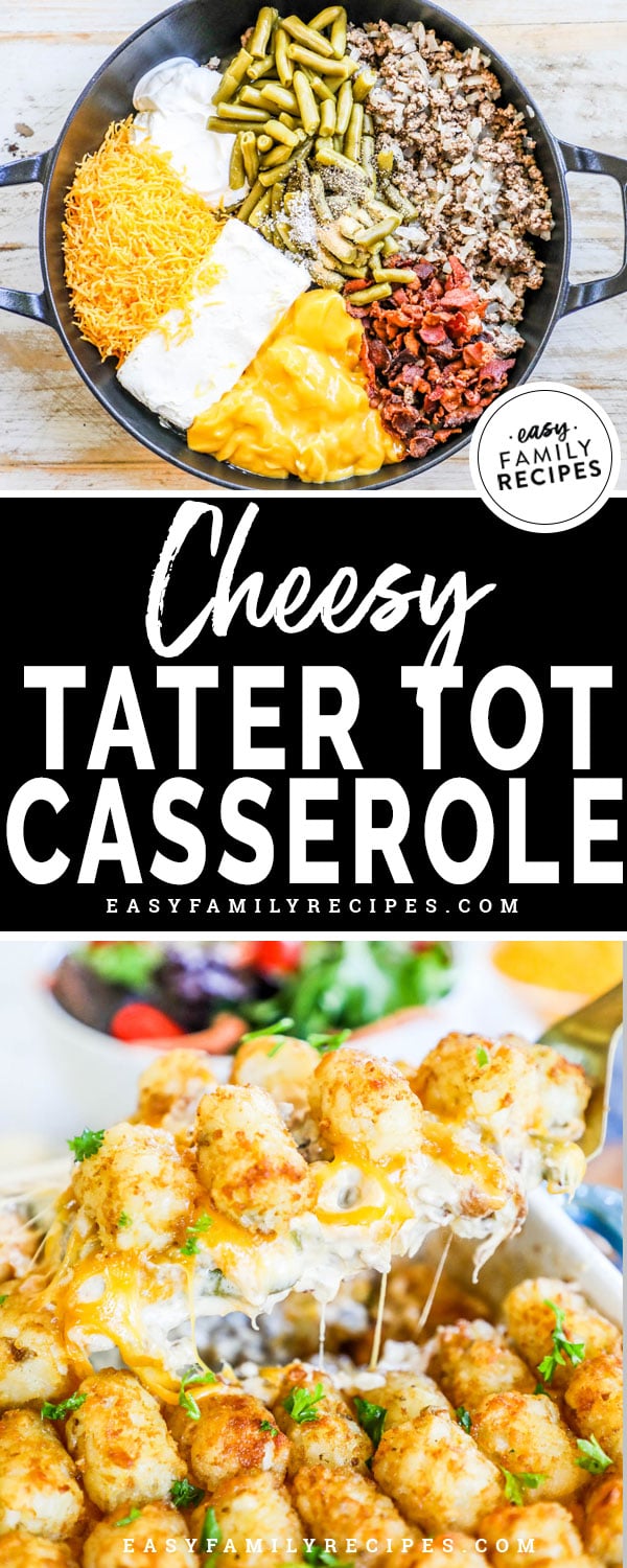 Cheesy Tater tot Casserole being prepared and served 