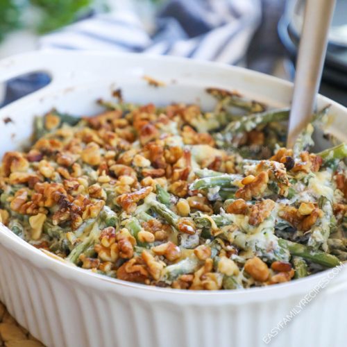 Garlic Parmesan Green bean Casserole in a casserole dish