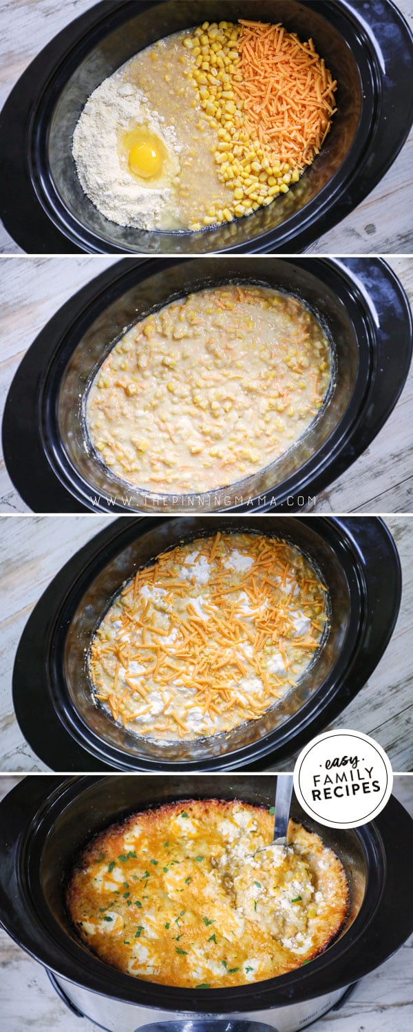 Process photos for how to make Cheesy Corn Casserole in Crockpot