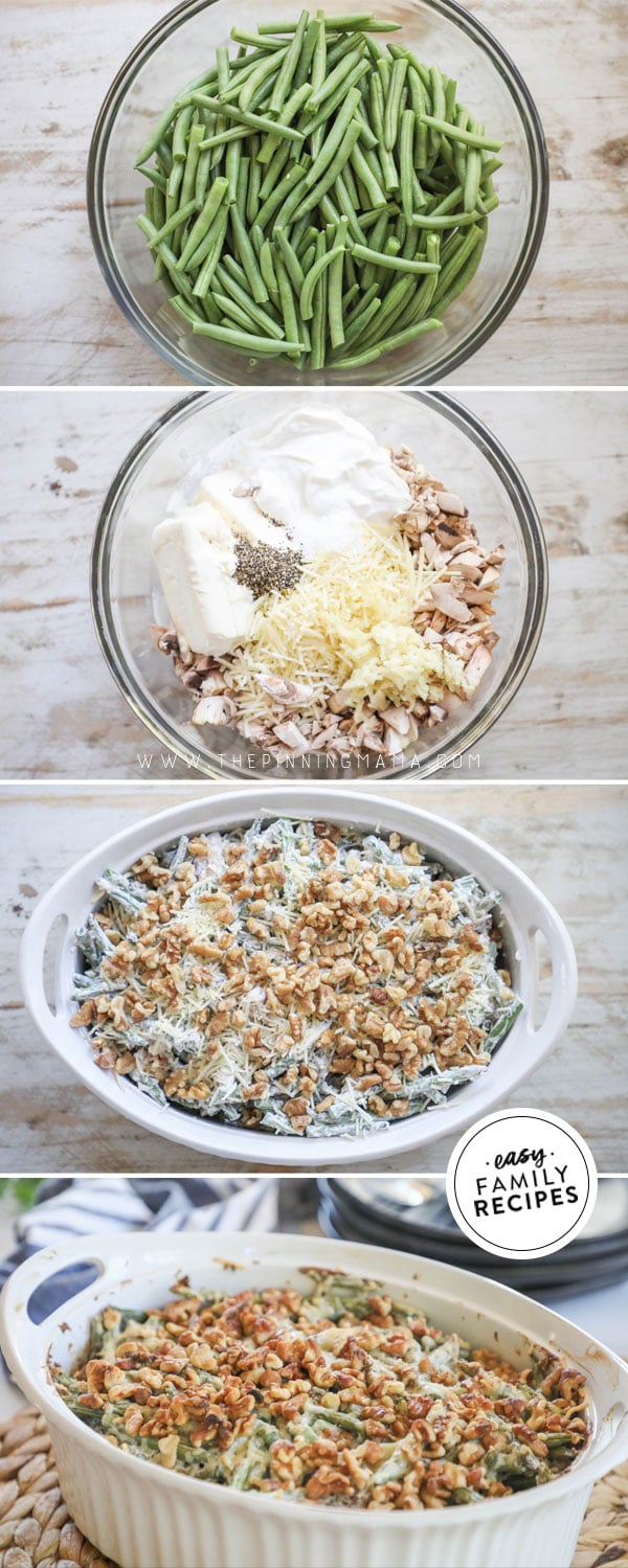 Process photos for how to make gluten free green bean casserole from scratch