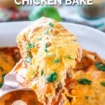Salsa chicken covered in cheese being lifted from pan.