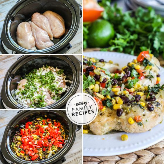 Step by Step for making Southwestern Chicken with bell pepper, corn, black beans, seasonings, and chicken breast