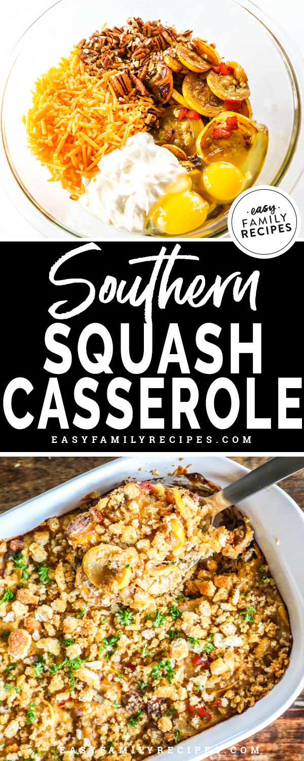 Southern Squash Casserole Ingredients including yellow squash, cheese, egg, pecans and mayonnaise