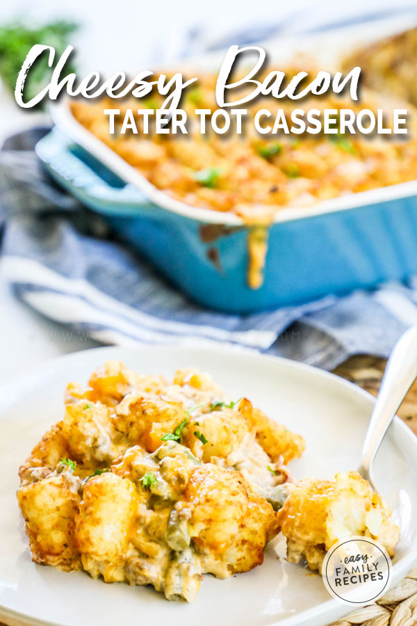 Cheesy Tater tot Casserole with green beans and bacon served on a plate