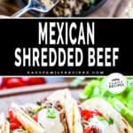 Bowl of Mexican style Beef made in a crockpot alongside tacos.