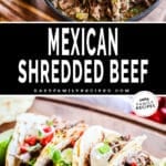 Mexican shredded beef in a bowl and shredded beef tacos.
