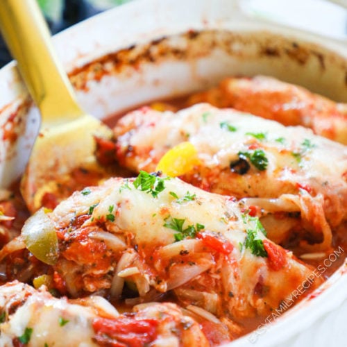 Chicken and Peppers baked in a casserole dish