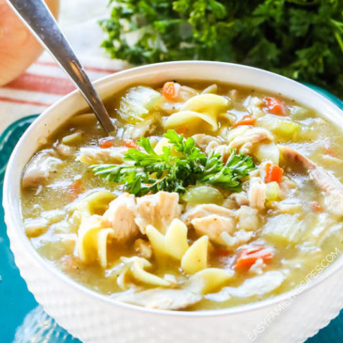 Bowl of Quick Chicken Noodle Soup made with Rotisserie Chicken