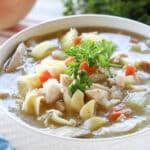Close up of Rotisserie Chicken Noodle Soup recipe prepared and put in a bowl for dinner.