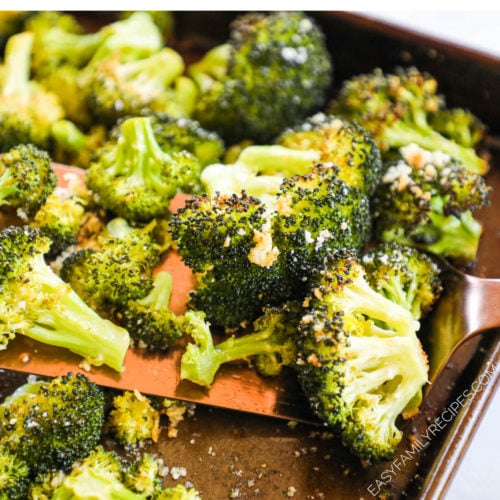 Garlic Parmesan Broccoli baked on cookie sheet