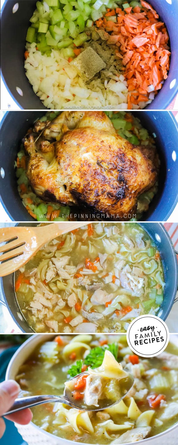 Process photos for how to make chicken noodle soup with whole chicken