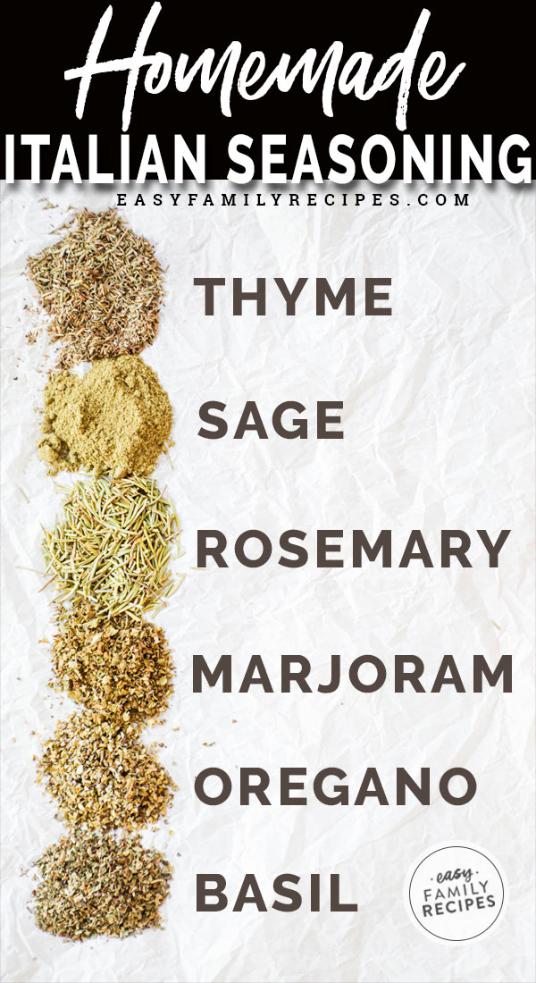 Italian Seasoning Ingredients including Thyme, sage, rosemary, marjoram, basil, oregano