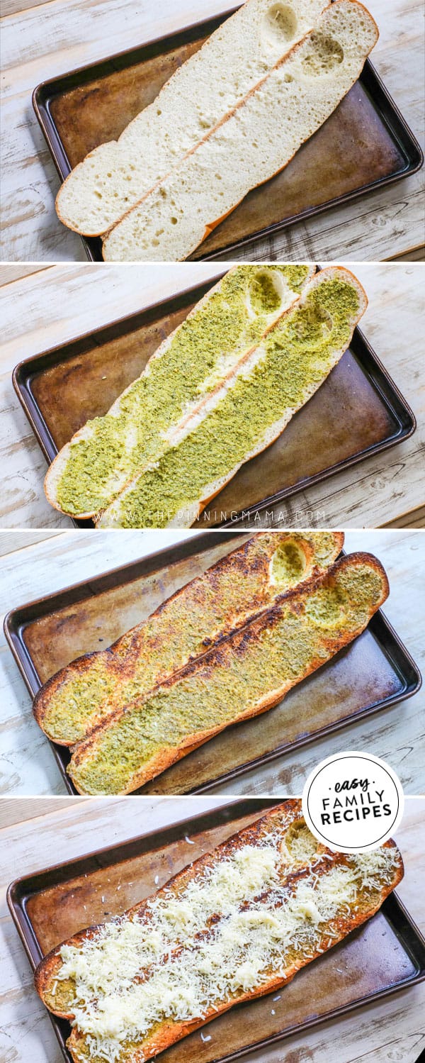 Steps for making pesto cheese bread. 