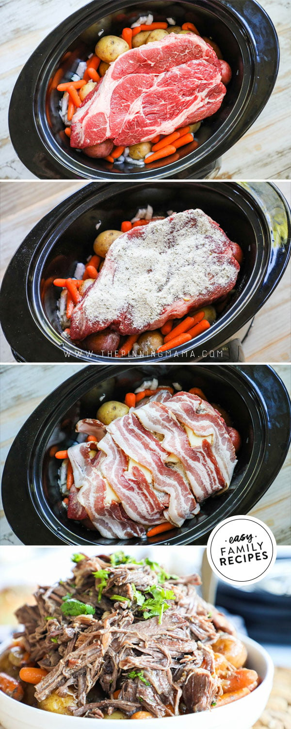 Process photos for how to make bacon ranch pot roast in crockpot