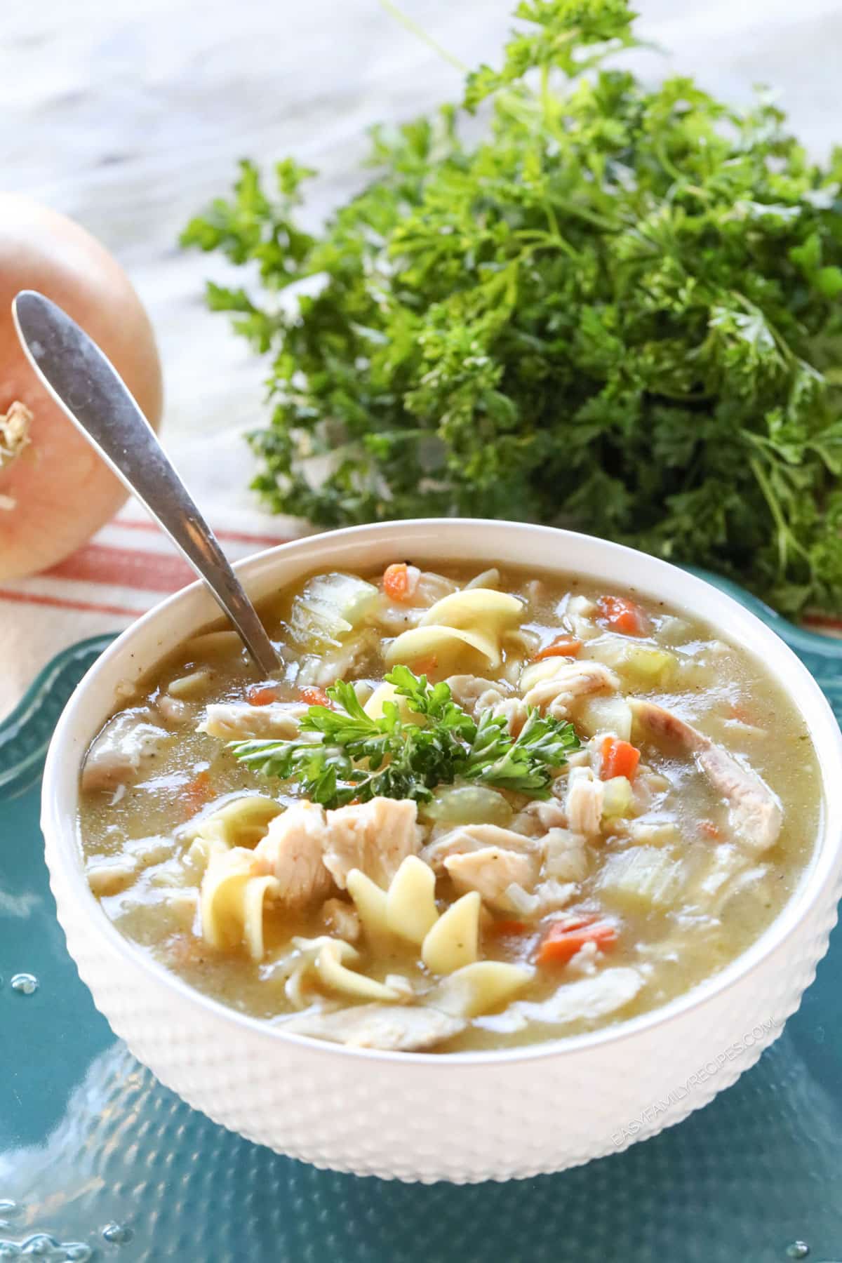 Big bowl of rotisserie chicken noodle soup garnished with parsley and ready to eat for a quick and easy dinner.