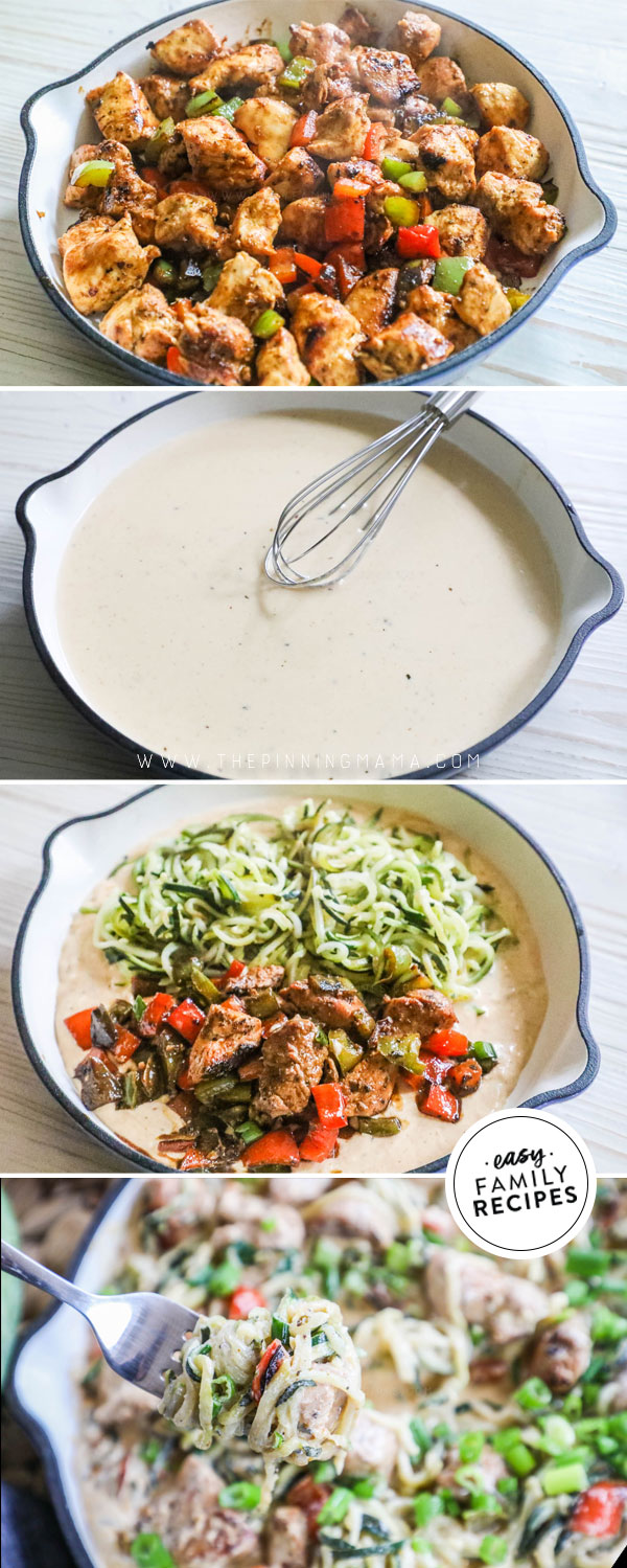 Process photos of how to make Low Carb Cajun Chicken Alfredo Zoodles