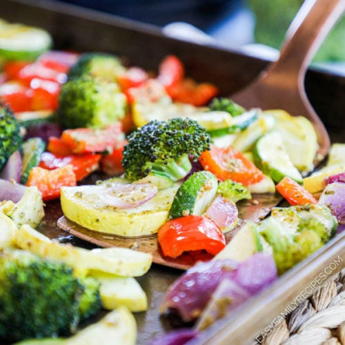 Pesto Roasted Veggies on a Baking Sheet fresh from the oven