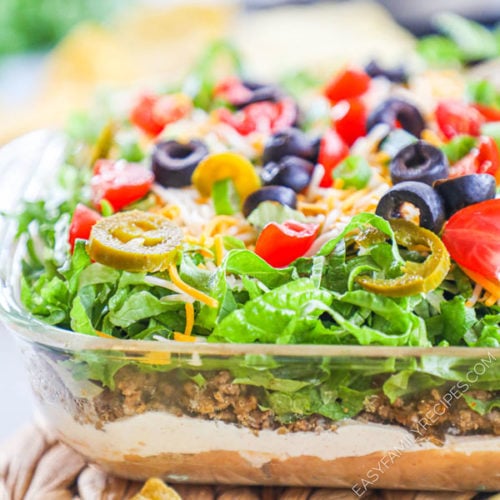 Taco Dip Recipe prepared in a casserole dish