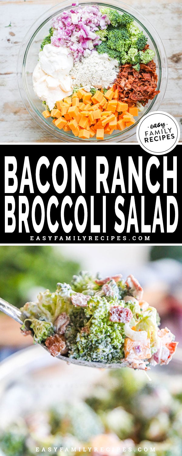 Bacon Ranch Broccoli Salad ingredients in a bowl ready to mix