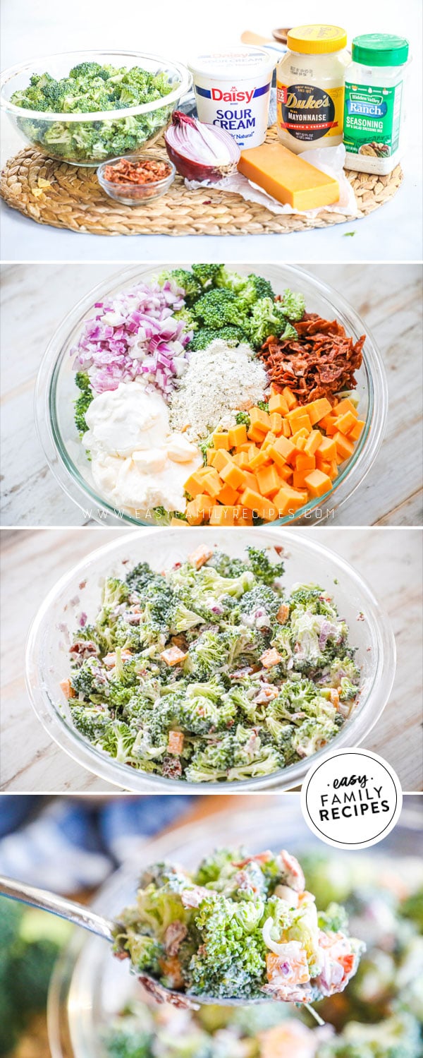 Process photos for how to make Bacon Ranch Broccoli Salad