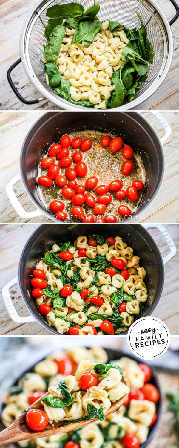 Process photos for how to make one pot brown butter tortellini with spinach and tomatoes