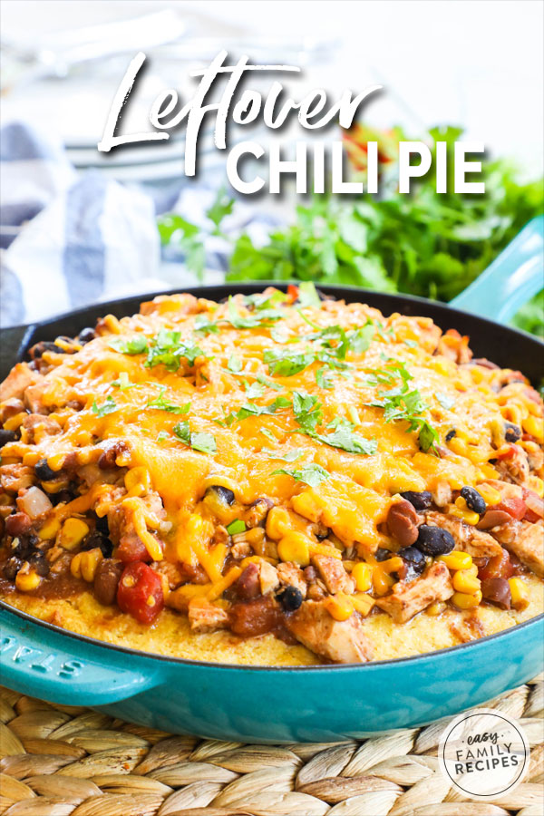 Chili piled on cornbread and topped with cheese then baked to make chili pie