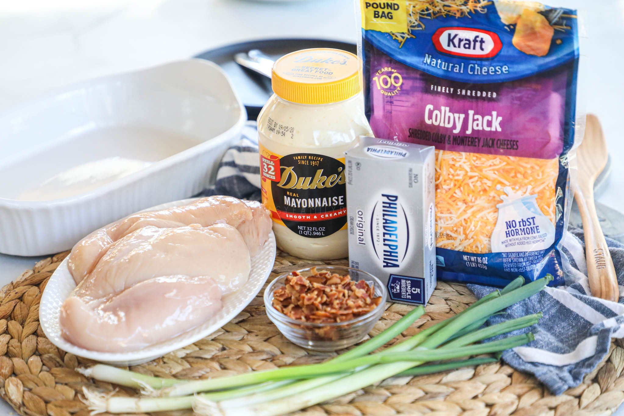 Million Dollar Chicken Ingredients including mayo, cream cheese, cheddar, chicken breast, green onions, bacon