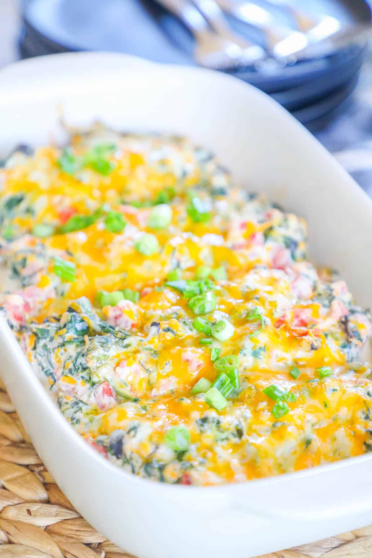 Mexican Spinach Chicken Bake in a casserole dish