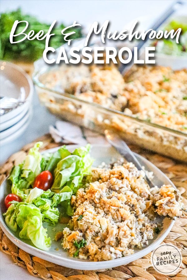 Creamy Beef and Mushroom Casserole on a plate with salad