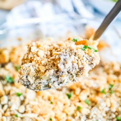 Beef and Mushroom casserole topped with ritz cracker topping