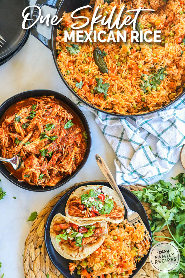 Tacos plated with Mexican rice