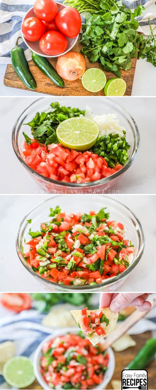 Process shots for how to make homemade pico de gallo