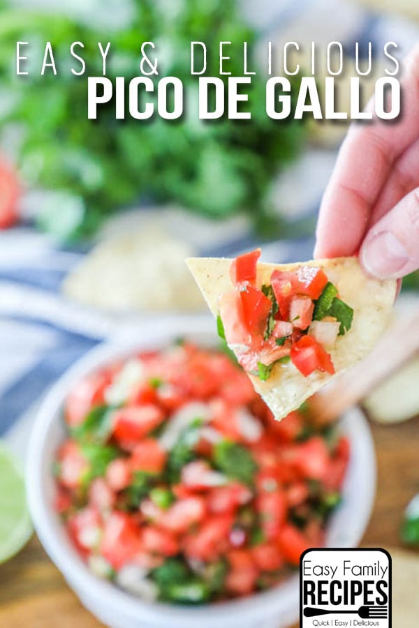 Homemade pico de gallo being lifted from dish on a chip