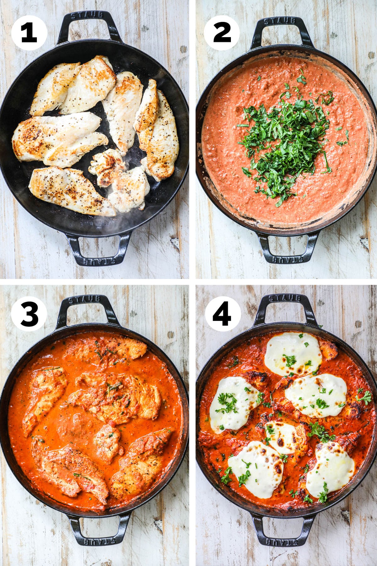 Step by Step for how to make Chicken Mozzarella Skillet 1. Brown Chicken breast in skillet. 2. Make creamy sauce and mix in fresh basil. 3 Add chicken back into sauce and simmer. 4. Top with fresh mozzarella cheese.