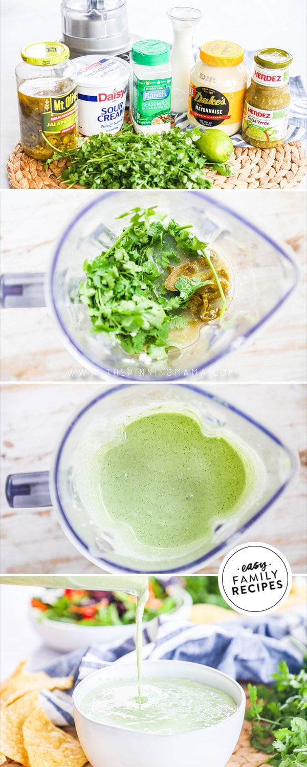 Process photos for how to make jalapeno ranch dressing in a blender