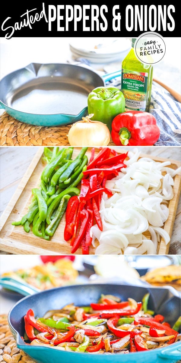 Process photos of how to make sautéed peppers and onions in a skillet