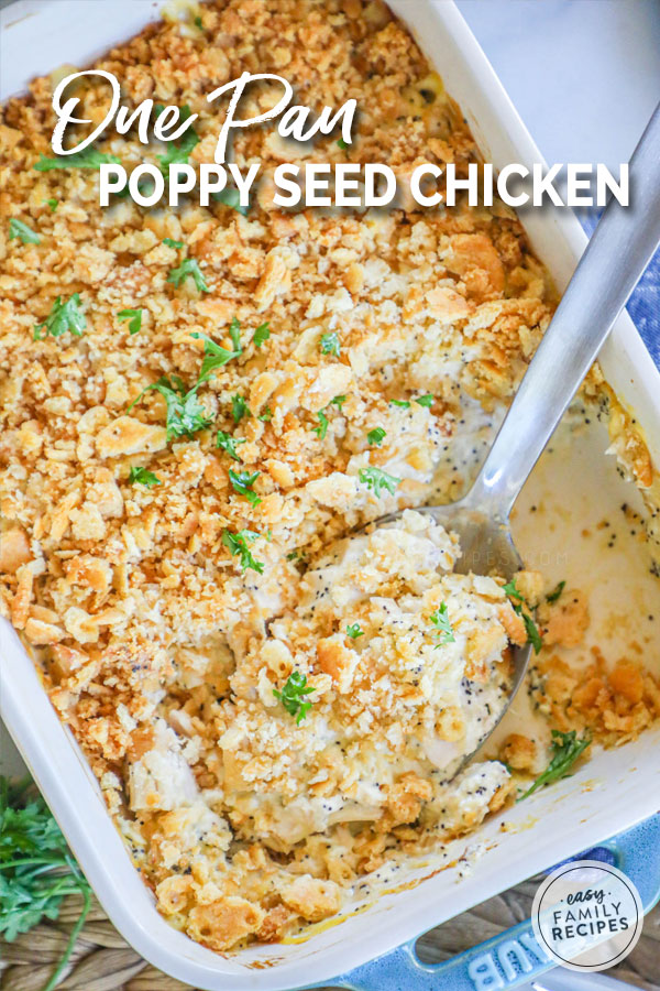 Scooping a spoonful of Poppyseed chicken from the casserole dish