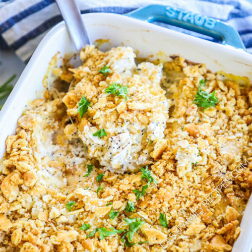 Poppy Seed Chicken Casserole shown with a ritz cracker topping