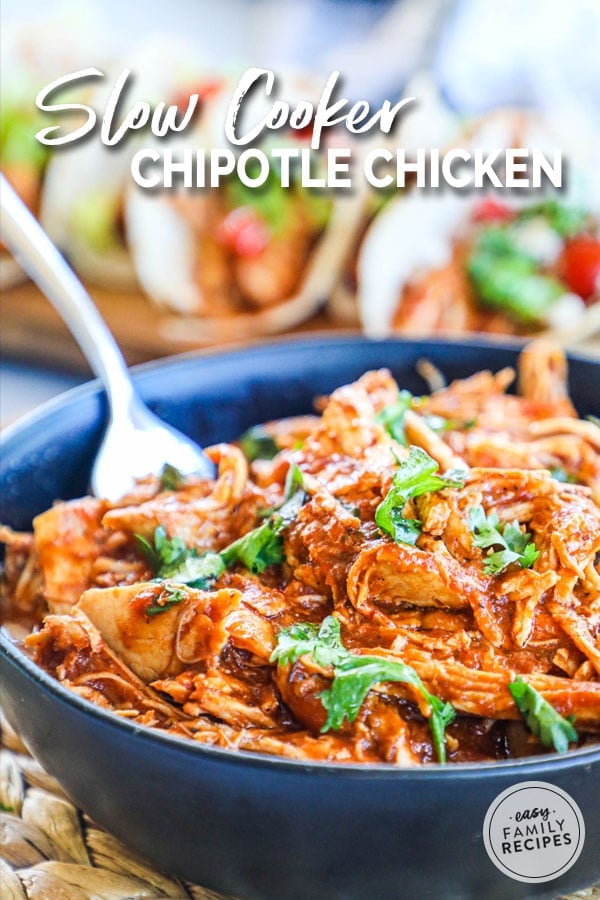 Chipotle Chicken pepared in the crock pot and served in a bowl garnished with cilantro