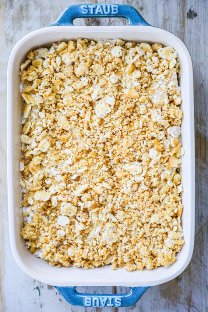 step 4 Crush the Ritz crackers to crumbs and spread them over the mixture, then drizzle the butter over the top of the crackers. bake for 35-45 minutes at 350 degrees